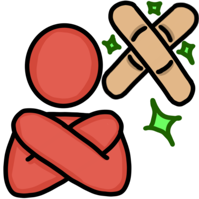 A red figure with arms crossed over their shoulders in an 'X'. to the right of them are two crossed bandaids or plasters with green sparkles around them